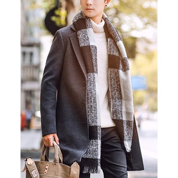 Men's Dark Gray Wool Blend Pea Coat Notched Collar Breasted Winter Trench Coat - Picture 2 of 7